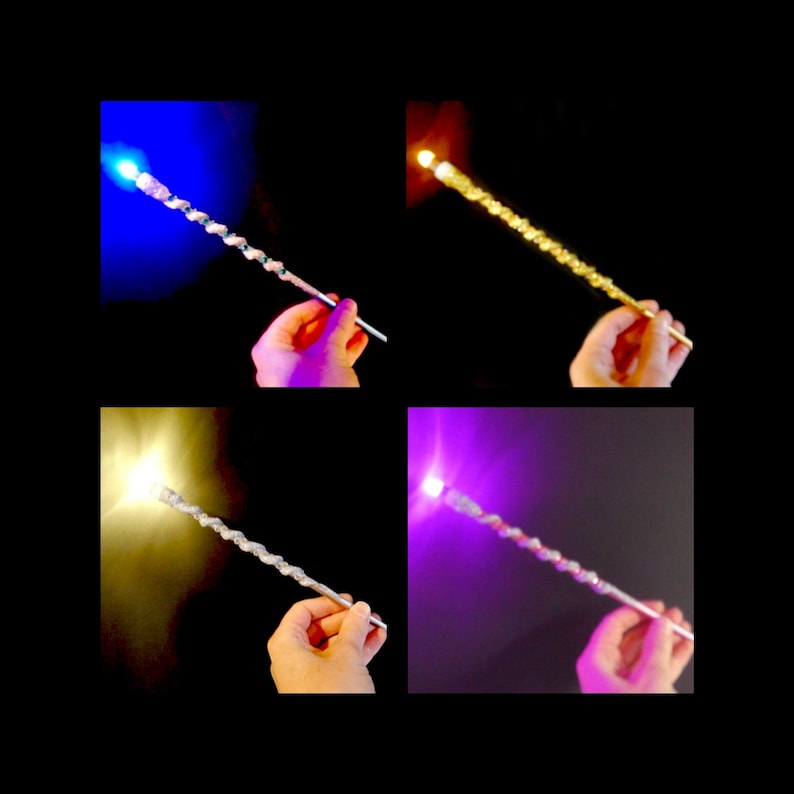 May include: Four wands with different coloured lights at the tip. The wands are silver with a sparkly finish. The lights are blue, yellow, purple, and gold.
