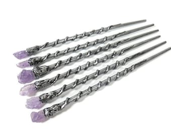 1 Raw Amethyst Crystal Wand Magic Wand Silver Magic Wand Warlock Wand Gemstone Magic Wand Fairy Wand Wicca Wand Wizard Wand Scepter