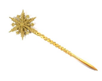 Varita de hada madrina de 19 pulgadas, varita mágica de copo de nieve dorada, varita de mago, varita de bruja, varita de hada, varita de wicca, cetro, regalo de madrina n.º 2