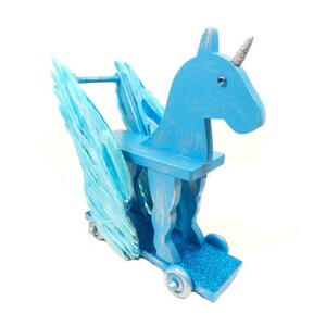 Big Wooden Turquoise Unicorn Pegasus Pull Toy Unique Unicorn Gift Blue Silver Unicorn OOAK Pegasus Horse Fantasy Mythical Creature image 4