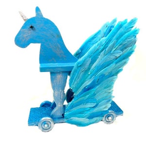 Big Wooden Turquoise Unicorn Pegasus Pull Toy Unique Unicorn Gift Blue Silver Unicorn OOAK Pegasus Horse Fantasy Mythical Creature image 9