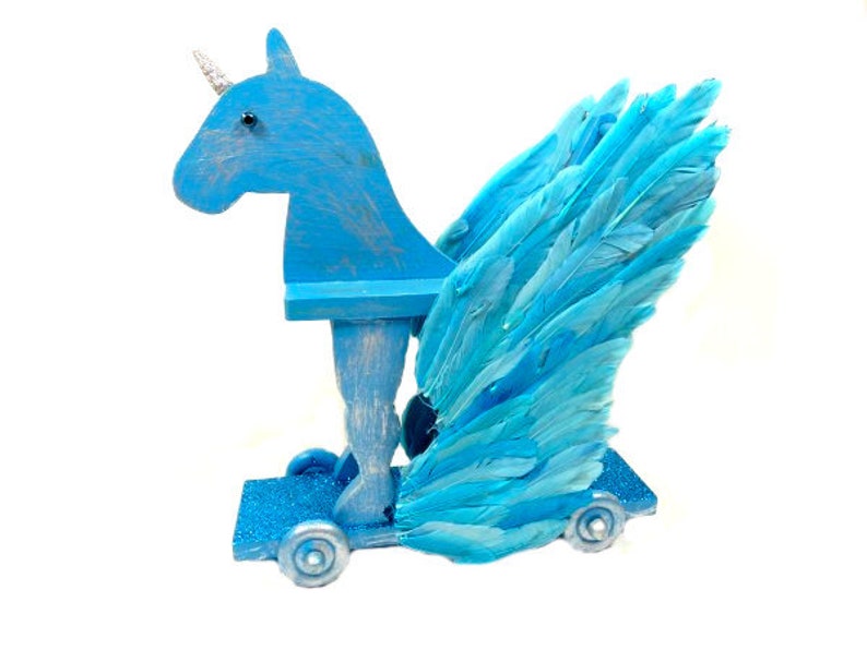 Big Wooden Turquoise Unicorn Pegasus Pull Toy Unique Unicorn Gift Blue Silver Unicorn OOAK Pegasus Horse Fantasy Mythical Creature image 9