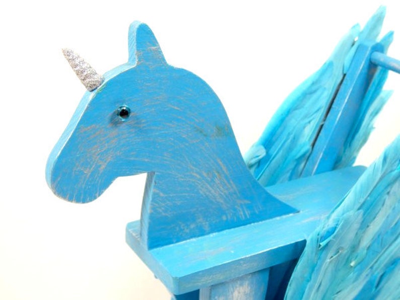 Big Wooden Turquoise Unicorn Pegasus Pull Toy Unique Unicorn Gift Blue Silver Unicorn OOAK Pegasus Horse Fantasy Mythical Creature image 8