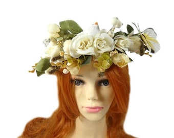 White Green Elven Tiara Fairy Flower Crown Woodland Fairy Crown Fairy Queen Elf Tiara Elvish Tiara Woodland Diadem Wedding Tiara Fae Faery