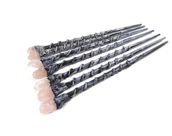 1 Raw Rose Quartz Magic Wand Black Silver Magic Wand Warlock Wand Gemstone Magic Wand Fairy Wand Wicca Wand Wizard Wand