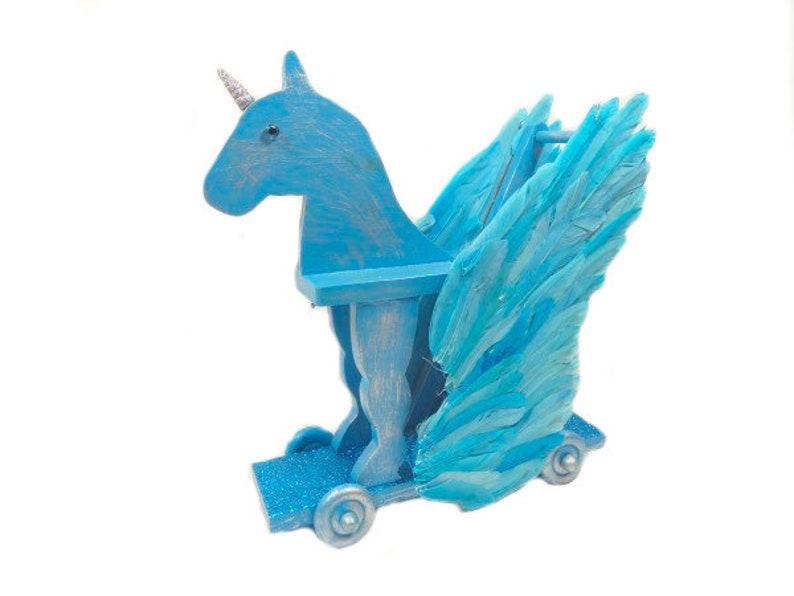 Big Wooden Turquoise Unicorn Pegasus Pull Toy Unique Unicorn Gift Blue Silver Unicorn OOAK Pegasus Horse Fantasy Mythical Creature image 2