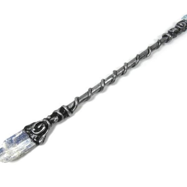 Blue Kyanite Crystal Magic Wand 11.75 Inches Black Silver Magic Wand Warlock Wand Gemstone Magic Wand Fairy Wand Wicca Wand Wizard Wand