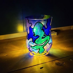 1 Green Stained Glass Mermaid Blue Green Mermaid Candle Holder Mermaid Nightlight Night Light Hand Painted Mermaid Glass Candle Light image 3