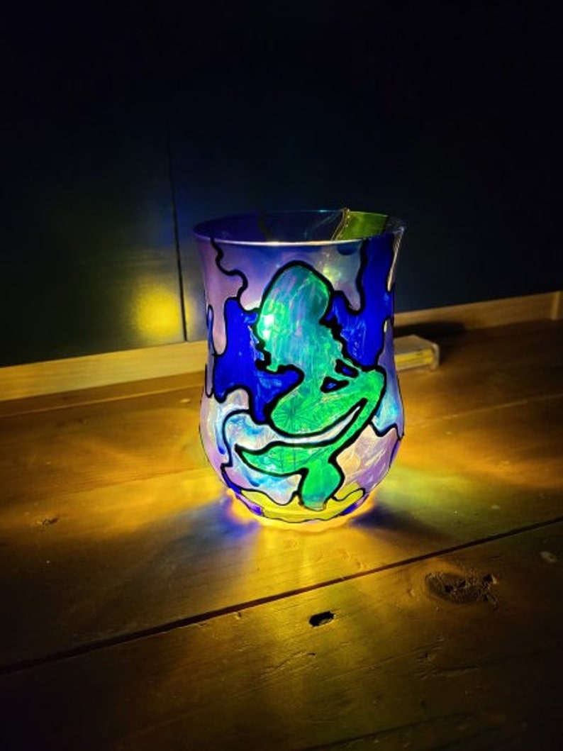 1 Green Stained Glass Mermaid Blue Green Mermaid Candle Holder Mermaid Nightlight Night Light Hand Painted Mermaid Glass Candle Light image 3