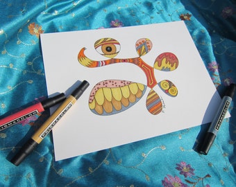 Whimsical Doodle Drawing Dragon Eyes in red, orange, and gray - Original Art 9"X12" Illustration marker on bristol paper