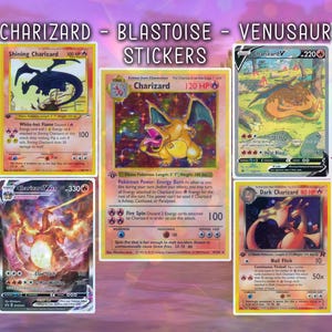 May include: Collection of Charizard, Blastoise, and Venusaur stickers. The image features various Pokémon trading cards with vibrant illustrations of Charizard in different poses, including a holographic card.