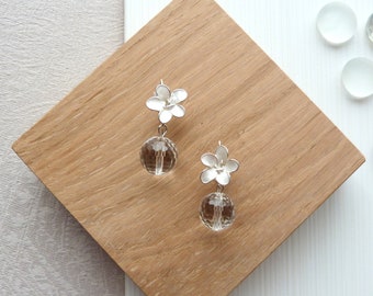 Earrings silver brass, resin flower and faceted rock crystal beads