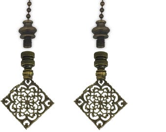 Royal Designs, Inc. Fan Pull Chain with Diamond Floral Filigree Finial, Antique Brass