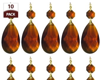 Royal Designs, Inc. Replacement Chandelier Crystal Prism, Teardrop Almond Cut with Brass Connectors and Amber Octagon Crystal Beads, 10-Pack