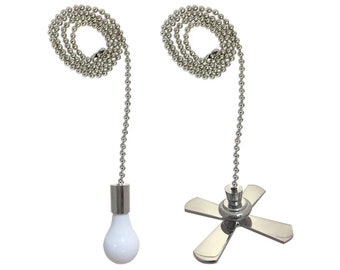 Royal Designs Fan and Light Bulb Shaped Pull Chain Set, Nickel Plated