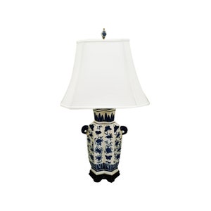 Oriental Blue and Antique White Hand Painted Butterflies with Side Handles Porcelain Table Lamp - 23.5&quot;