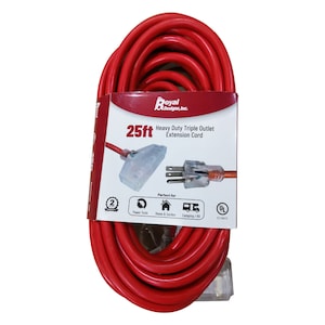 May include: A red 25-foot heavy-duty triple outlet extension cord with a clear plastic housing. The cord is coiled and packaged with a label that says "Royal Designs, Inc." and "Heavy Duty Triple Outlet Extension Cord". The label also includes a UL listing and a note that the cord is perfect for power tools, home and garden, and camping/RV.