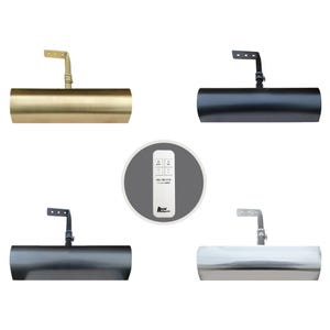 May include: Four picture lights in brass, black, dark gray, and silver finishes. Each light has a cylindrical body and a bracket for mounting. A remote control is also included, featuring buttons and the brand name.