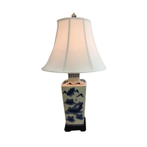 Oriental Blue and Antique White Crackle Hand Painted Bird Scenery Porcelain Table Lamp - 23&quot;