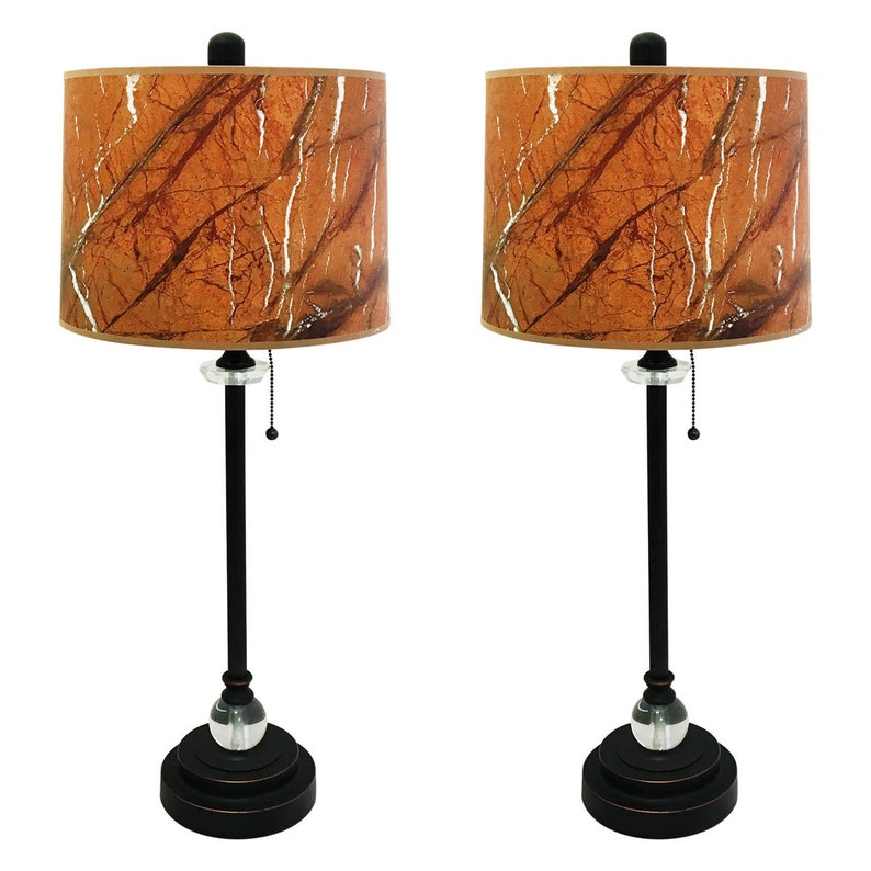 Royal Designs 28 Crystal and Oil Rub Bronze Buffet Lamp with Orange Marble Texture Hardback Lamp Shade