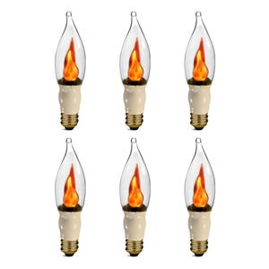 May include: Six flame-shaped LED light bulbs with a flickering flame effect. The bulbs are clear glass with a white base and a gold-colored tip.
