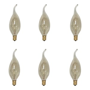 May include: Six clear glass light bulbs with a flame-shaped design. The bulbs have a standard screw base and are designed for decorative lighting.