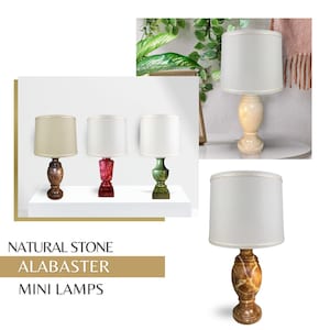 Royal Designs, Inc. Mini Natural Stone Alabaster Lamp, Round Base with Drum Shade, LAL-5005