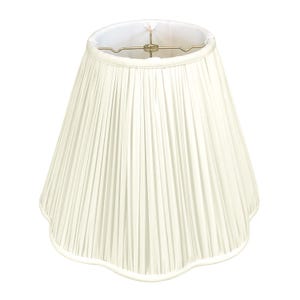 May include: A white pleated lampshade with a scalloped edge. The lampshade is made of fabric and has a white lining.