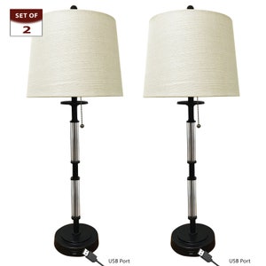 Royal Designs, Inc. Set of 2 Lamps and Shades with USB Charging Port and Crystal Columns, Oil Rubbed Bronze Finish
