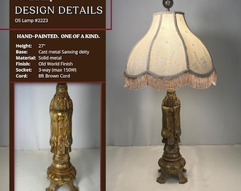 Old World Sanxing Deity Metal Lamp with Fringe Shade and Good Luck Finial