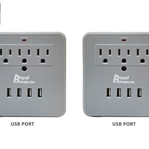 Royal Designs, Inc. Gray USB Wall Mount and Surge Protector with 3 Outlets and Four USB Ports, Set of 2