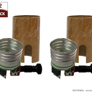 May include: Two pack of internal light bulb sockets with a brown cardboard sleeve and a silver metal socket. The socket has a black on/off switch.