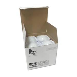 May include: A white cardboard box containing four white, dome-shaped objects. The box has the "Royal Designs, Inc." logo and the word "fragile" printed on it. The box is ready to ship and should not be opened.