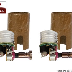 May include: Two pack of internal light bulb sockets. The sockets are silver with a brown cardboard sleeve. The sockets have a small knob on the side.