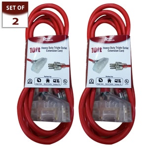 Royal Designs, Inc. Heavy Duty Extension Cord Indicator Light, Indoor/Outdoor, 10 Ft, Red, 3-Prong Outlet, Grounded Wire UL Listed, Set of 2