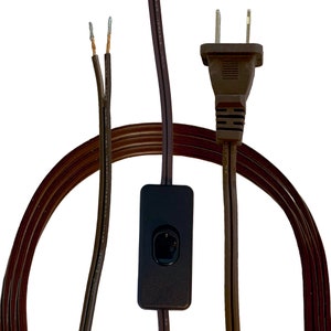 May include: A brown lamp cord with a two-prong plug, a black inline switch, and exposed wire ends. The cord is coiled and has a smooth texture, suitable for electrical applications.