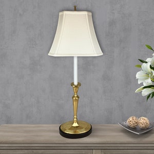 Royal Designs, Inc. Gold leaf Candlestick Buffet Table Lamp with Designer Bell Lampshade and Matching Finial