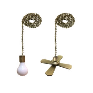 Royal Designs, Inc. Fan and Light Bulb Shaped Pull Chain Set, Antique Brass
