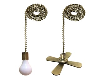 Royal Designs, Inc. Fan and Light Bulb Shaped Pull Chain Set, Antique Brass