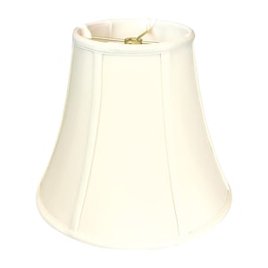 May include: A white fabric lampshade with a bell shape and a pleated design. The lampshade has a gold metal harp and a white fabric lining.