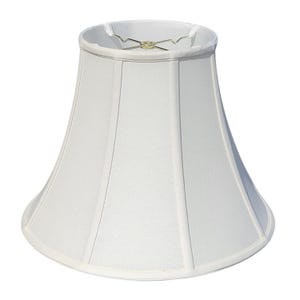 May include: A white fabric lampshade with a bell shape and a pleated design.