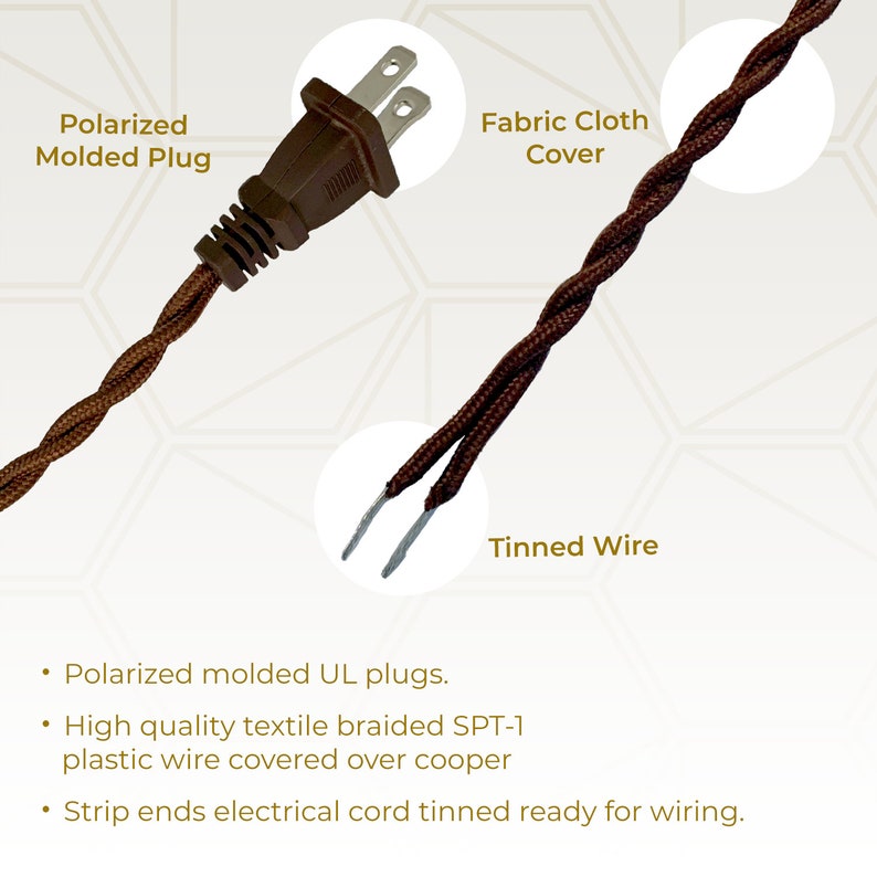 Royal Designs, Inc. 8Ft Twisted Rayon Lamp Cord with NEMA-15P Plug, Dimmer Switch, Stripped Ends Ready for Wiring, SPT-1 UL Listed image 8