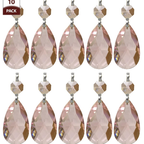 Royal Designs, Inc. Replacement Chandelier Crystal Prism - Pink Teardrop Almond Cut with Chrome Connectors - 10-Pack