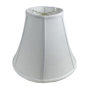 May include: White lampshade with a classic bell shape. The lampshade is made of a smooth, light-colored fabric and features a gold-colored metal frame at the top. The shade has a clean, simple design, suitable for various home decor styles.