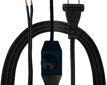 May include: Black electrical cord with a black inline dimmer switch and a black plug. The cord is coiled and the ends are visible.