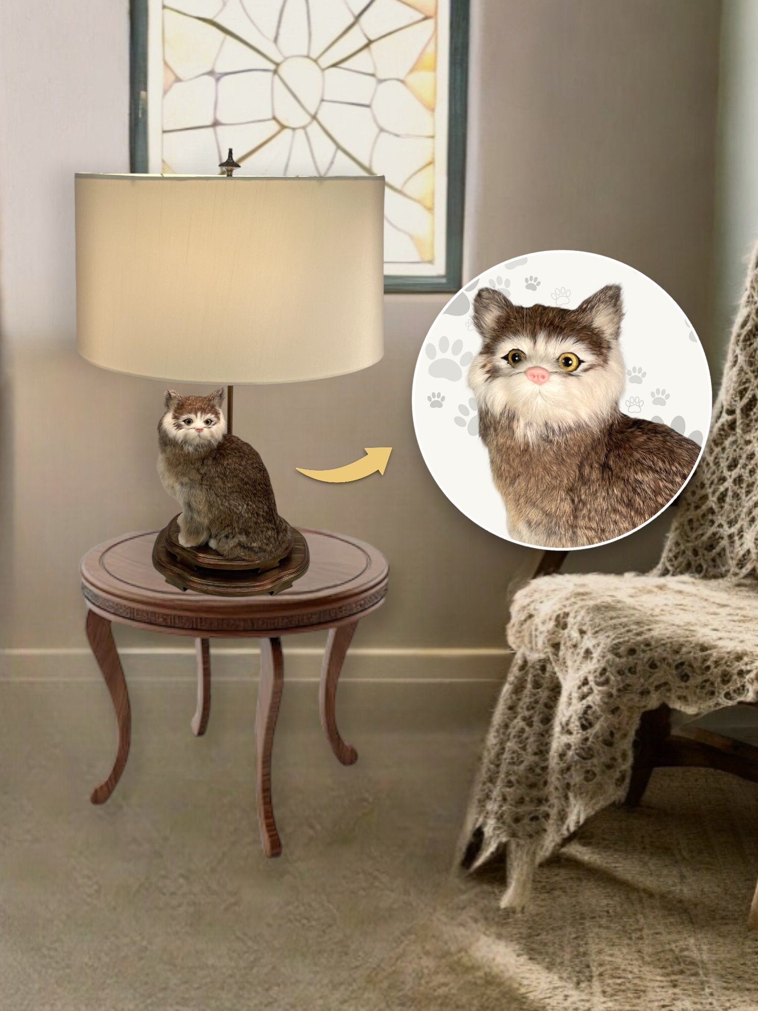 26" Belgian Cat Figure Lamp with Artisan French Piped Mounting on Handmade Wood Base, One Of A Kind