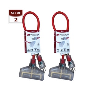 Royal Designs, Inc. Heavy Duty Extension Cord, Indicator Light, Indoor/Outdoor, 2 Ft, Red, 3-Prong Outlet, Grounded Wire UL Listed, Set of 2