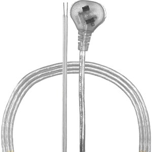 May include: A clear, silver-colored extension cord with a three-prong plug. The cord is coiled and ready to use.