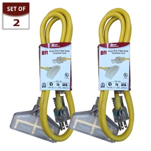 Royal Designs, Inc. Heavy Duty Extension Cord, Indicator Light, Indoor/Outdoor, 6 Ft, Yellow, 3-Prong, Grounded Wire, UL Listed, Set of 2