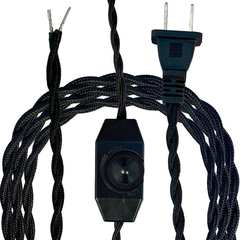 May include: Black electrical cord with a black inline dimmer switch labeled "LOW" and "HIGH". The cord has a standard US plug on one end and exposed wires on the other end.